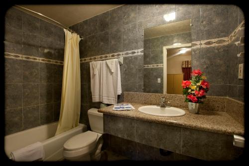 a bathroom with a sink and a toilet and a mirror at The Palace Inn in Oxnard