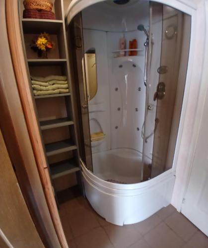 a shower with a glass door in a bathroom at Saulkrasti Beach Cottage 2 in Saulkrasti