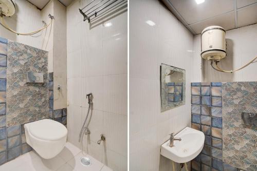 two pictures of a bathroom with a toilet and a sink at Collection O Sindhi Camp Bus Stand Formerly Hotel Metro View in Jaipur