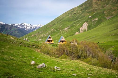 a green hillside with two huts in a field at Cottage Caucasus in Ushguli