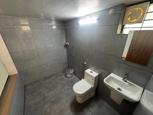 a bathroom with a toilet and a sink at Riverside Private Pool Villa in Kochi - Ohstayz Whispering Grove in Denkanikota