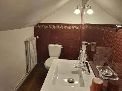 a bathroom with a white sink and a toilet at La petite maison normande in Honfleur