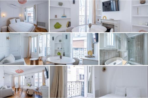 un collage de photos d'un salon et d'une salle à manger dans l'établissement Le Trocadero - 5 minutes à pied de la Tour Eiffel - Place Trocadero - 5 personnes - Cadre Exceptionnel - Entièrement Climatisé, à Paris