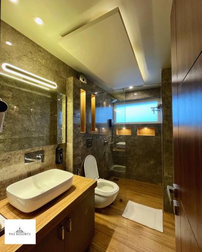 a bathroom with a toilet and a sink and a shower at PAS Resorts in Anjuna