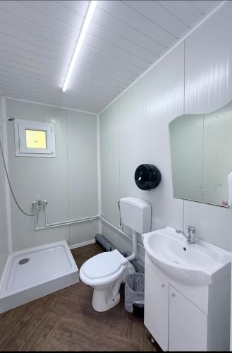 a white bathroom with a toilet and a sink at Transfagarasan Moto&Cabin Camp in Arefu