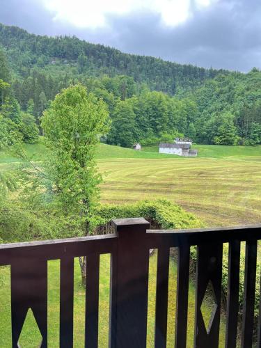a balcony with a view of a field and a house at Apartments Steinwänd in Grünau im Almtal