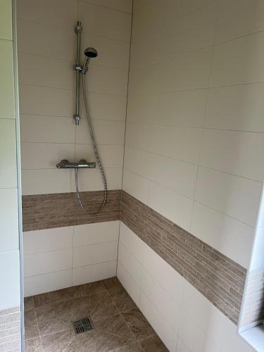 a shower with a hose in a bathroom at Apartments Steinwänd in Grünau im Almtal