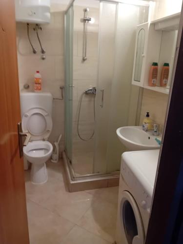a bathroom with a shower and a toilet and a sink at Apartments Butkovic in Hvar