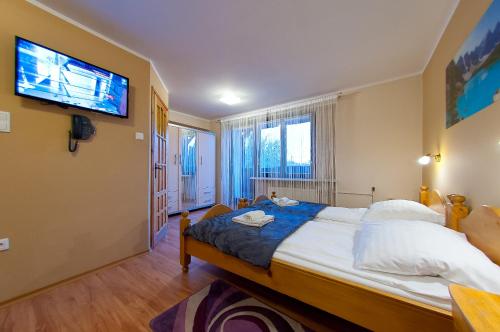 a bedroom with a bed and a tv on the wall at Pensjonat Źródełko in Ustroń