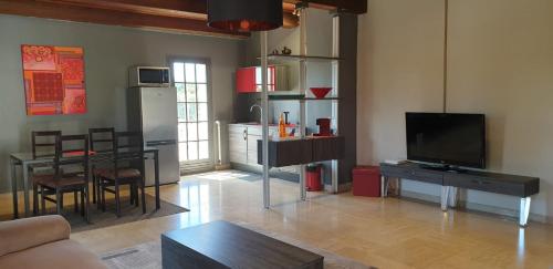 a living room with a television and a table with chairs at Villa Solary in Le Pontet