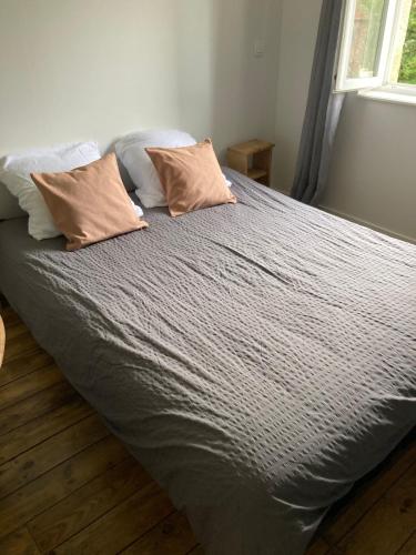 un lit avec deux oreillers dessus dans une chambre dans l'établissement Chez Audrey & Fabien - Appartement avec terrasse, à Saint-Pantaléon-de-Larche