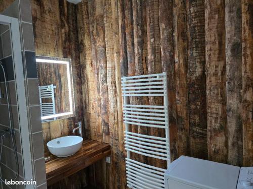 une salle de bain avec un lavabo, des toilettes et un miroir dans l'établissement Appartement de 2 à 6 personnes à La Bourboule, à La Bourboule