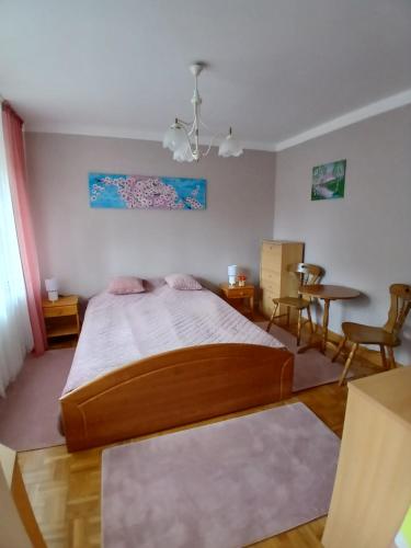 a bedroom with a bed and a table and chairs at Albatros in Mikołajki
