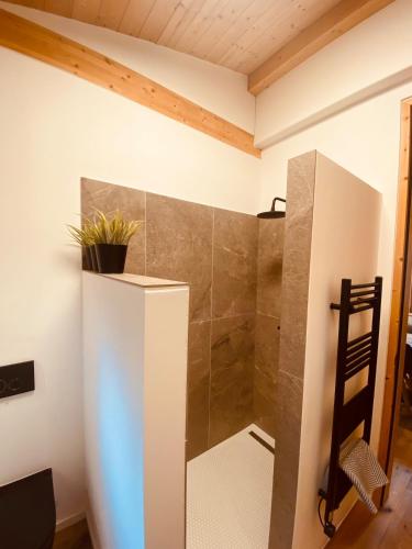 a bathroom with a shower in a room at Gästehäuschen mit Kamin in Gauting