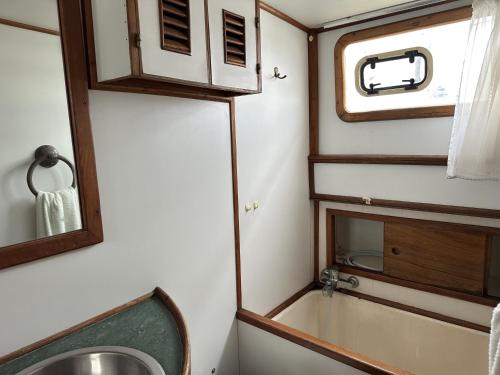 une salle de bain avec un lavabo et un miroir dans l'établissement Nuit de quiétude sur L'eau, à La Celle-sous-Gouzon