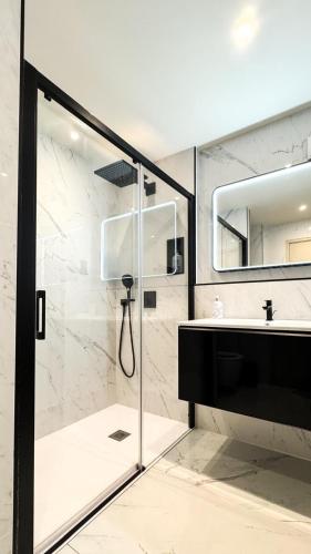 une salle de bain avec douche et lavabo dans l'établissement La Palme d'Or - Piscine, Pétanque et Port, à Mandelieu-la-Napoule