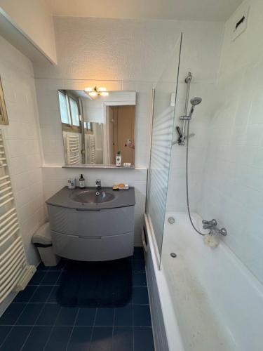 une salle de bain avec un lavabo, une douche et une baignoire dans l'établissement LE MAGALI , Vue Mer , Clim , Parking, à Villeneuve-Loubet