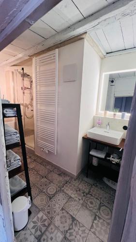 a bathroom with a sink and a mirror at Fachwerkhaus Hufschmiede - Blauer Salon in Zirndorf