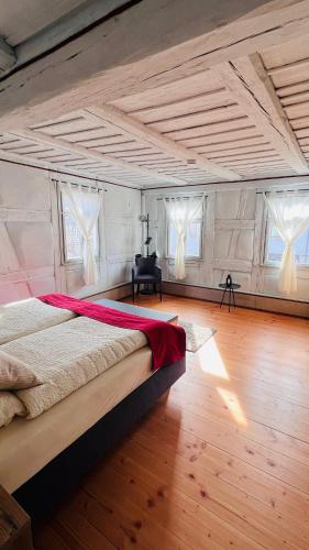 a bedroom with a large bed in a room with windows at Fachwerkhaus Hufschmiede - Blauer Salon in Zirndorf