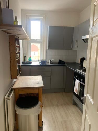 eine kleine Küche mit Theke und Spüle in der Unterkunft Charming1 bed flat in Hastings