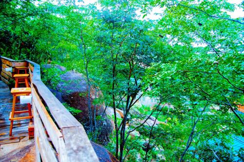 une échelle en bois sur un pont dans une forêt dans l'établissement Aika Sunrise - Your Home in the Hills, à Iringa