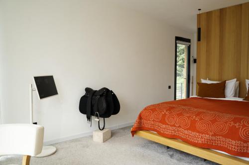 a bedroom with a bed and a backpack on the wall at Pana Unique Kolsay in Kurmenty