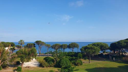 un parc avec des arbres et l'océan en arrière-plan dans l'établissement Les Rivages - 6-8p - Front de mer, piscine, aux Issambres