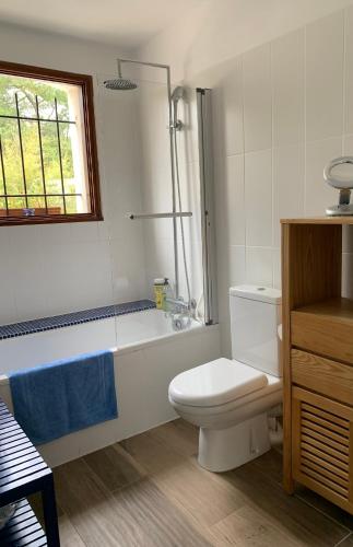 une salle de bain avec baignoire et toilettes et une fenêtre dans l'établissement Gîte Le Coquillage - Lovely coastal property with private pool. Beach 500m, à La Tranche-sur-Mer