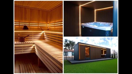 two pictures of a bathroom with a tub and a house at Jantar Domki Comfort oraz Comfort Wellness Zone sauna jacuzzi in Jantar