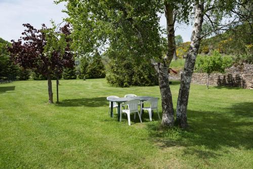 a table and chairs under a tree in a field at "le mas d'hillaire" 2 personnes a saint jean du bleymard in Le Bleymard
