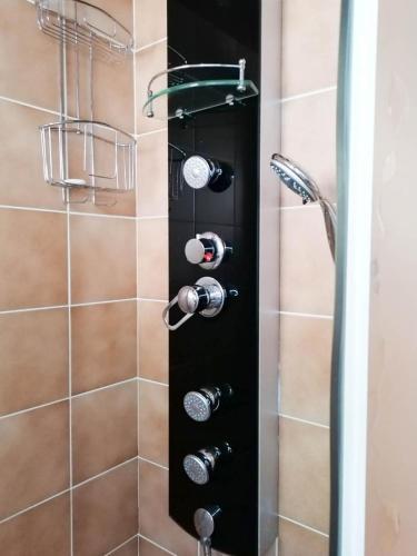 une douche avec un mur noir avec des bouteilles de vin dans l'établissement Gîte 