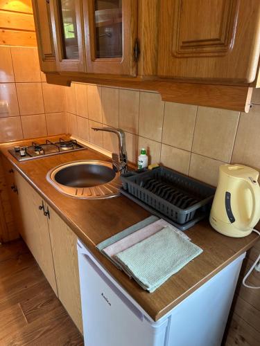 a kitchen counter top with a sink and a sink at Domki u Polaka in Uherce Mineralne (7)
