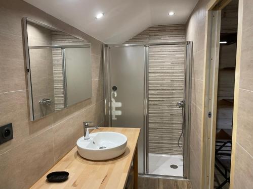 une salle de bain avec un lavabo et une douche dans l'établissement Chalet aux pieds des pistes Happy 2 alpes, à Les Deux Alpes