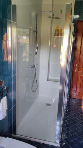 a shower with a glass door in a bathroom at Villa con piscina y parque infantil en Pantón, Ribeira Sacra, Galicia in Pantón