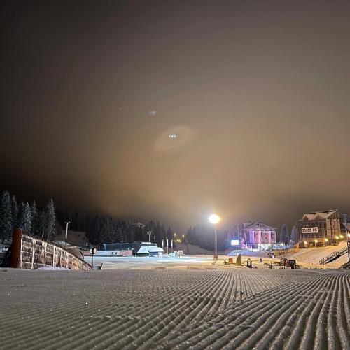 a snow covered beach at night with a street light at Woodside Kopaonik 417-418 in Kopaonik