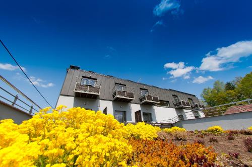 a building with yellow flowers in front of it at Pensjonat Źródełko in Ustroń