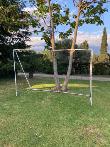 a net on the grass next to a tree at Lavender farm house in Nafpaktos