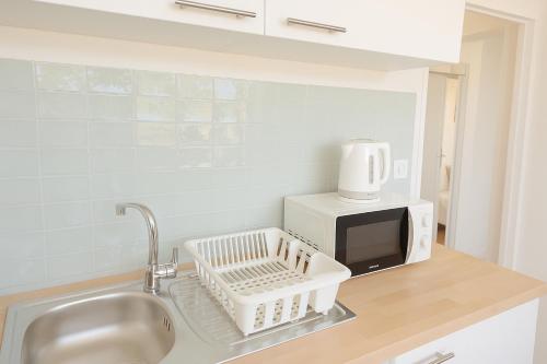 Una encimera de cocina con fregadero y microondas. en Appartement de charme Digoin #8, en Digoin