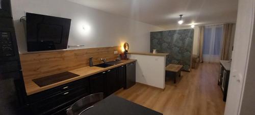 a kitchen with a sink and a tv on the wall at Joli appartement Cosy in Nogent-sur-Seine
