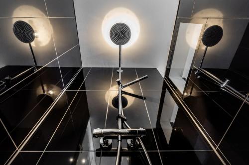 ein Badezimmer mit zwei Lautsprechern an der Wand und einer Dusche in der Unterkunft Zollhaus - Doppelzimmer in Endingen