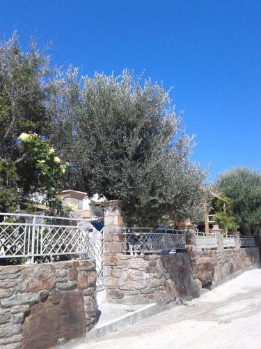 a stone wall with a fence and trees at Patriko in Skiros