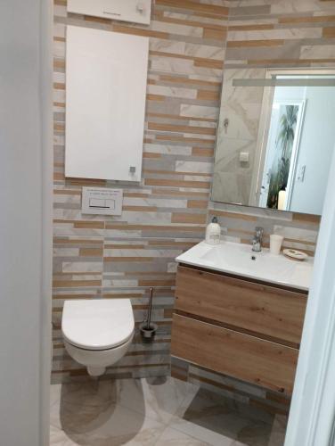 une salle de bain avec toilettes, lavabo et miroir dans l'établissement Gîte La cour des trois rois 2, à Villedieu-les-Poêles