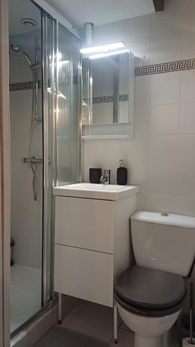 une salle de bain avec toilettes, lavabo et douche dans l'établissement La cachette d'Aix, à Aix-en-Provence