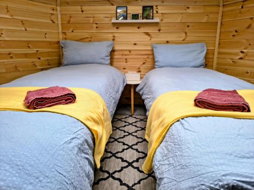 two twin beds in a room with wooden walls at The Perfect Stop - Aurora Lodge in Lødingen