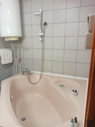 a bath tub with a shower in a bathroom at Apartmani Milica in Kraljevo
