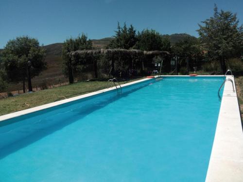a large blue swimming pool in a yard at La Alberguería complejo rural in Cañamero