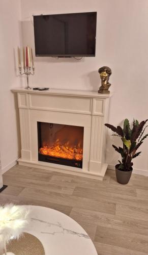 un salon avec une cheminée avec une télévision au-dessus dans l'établissement Romantic room, à Joinville