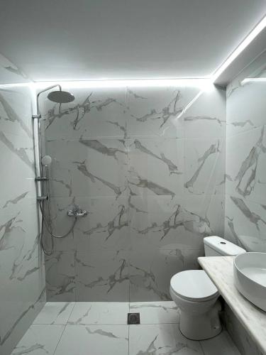 a bathroom with a shower with a toilet and a sink at Oikos Corfu in Alepou
