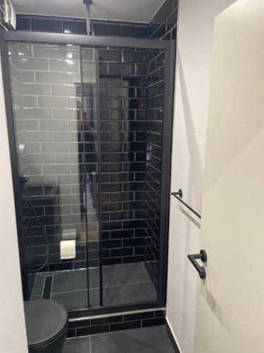 a bathroom with a glass shower with a toilet at RHE036-008 Apartment Bremerhaven in Bremerhaven