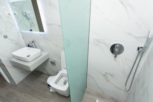 ein Badezimmer mit Dusche, Toilette und Waschbecken in der Unterkunft Belka Studios in Vlorë